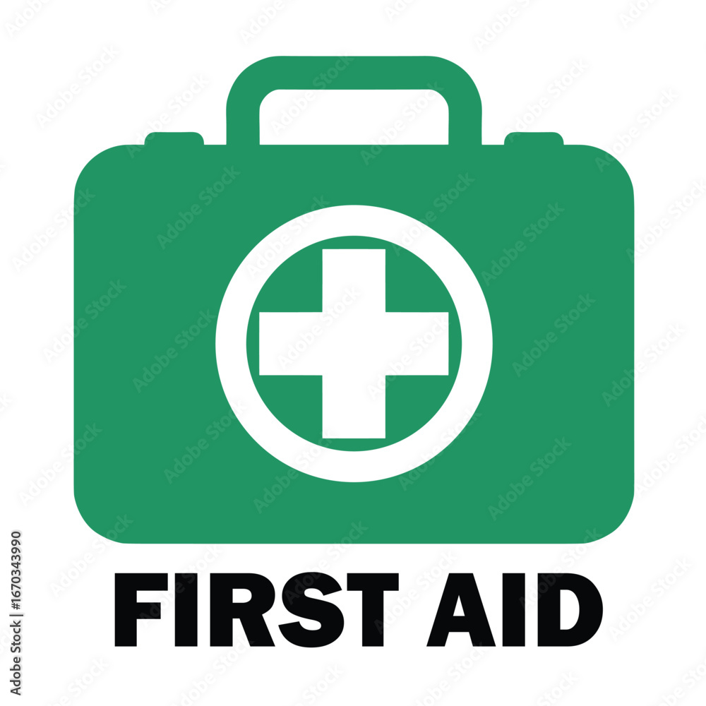 Obraz premium First AID kit with green cross symbol. Medical briefcase with red cross icon symbol. stock illustration