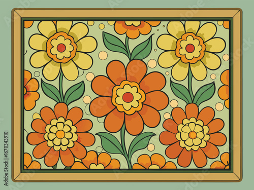 Vector art of 1970s inspired floral motif featuring large, stylized flowers in warm tones of orange and yellow against a light green backdrop