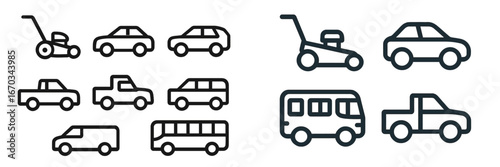 Various vehicles and machines represented in simple icons suitable for design work and creative projects