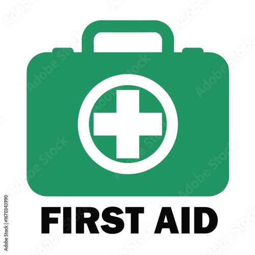 First AID kit with green cross symbol. Medical briefcase with red cross icon symbol. stock illustration