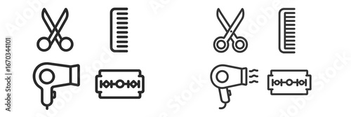 Graphic representation of hair styling tools including scissors, combs, hair dryers, and razors arranged in a clear layout