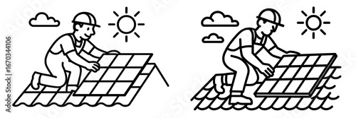 Workers installing solar panels on rooftops under a bright sun with clouds in the sky