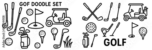 Fun and creative doodle set featuring golf clubs, balls, and carts in a playful and engaging design for enthusiasts