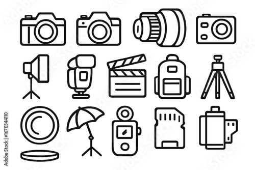 Collection of photography equipment including cameras, tripods, and lighting tools for creative projects