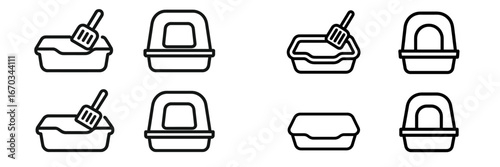 Various designs of litter boxes and scoops are displayed in a simple layout highlighting pet care essentials