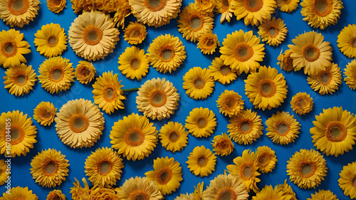 yellow flowers on blue, Vibrant yellow sunflowers in circular arrangement against blue