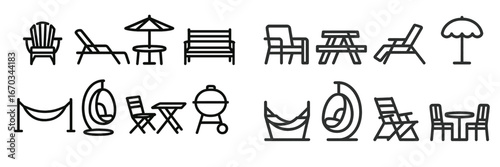 Various outdoor seating arrangements and recreational furniture for relaxation in gardens or patios