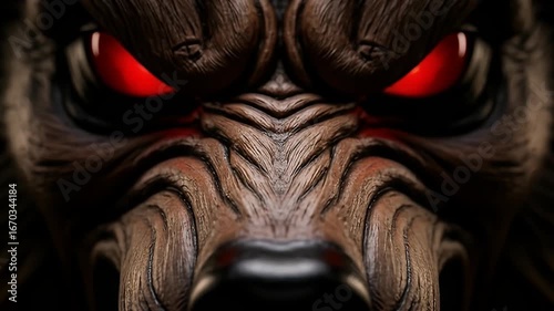 Intensely detailed close-up of a monstrous creature's face with piercing red eyes