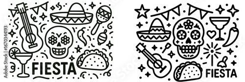 Colorful fiesta-themed decorations featuring music, food, and celebration symbols in a playful design for a joyful event