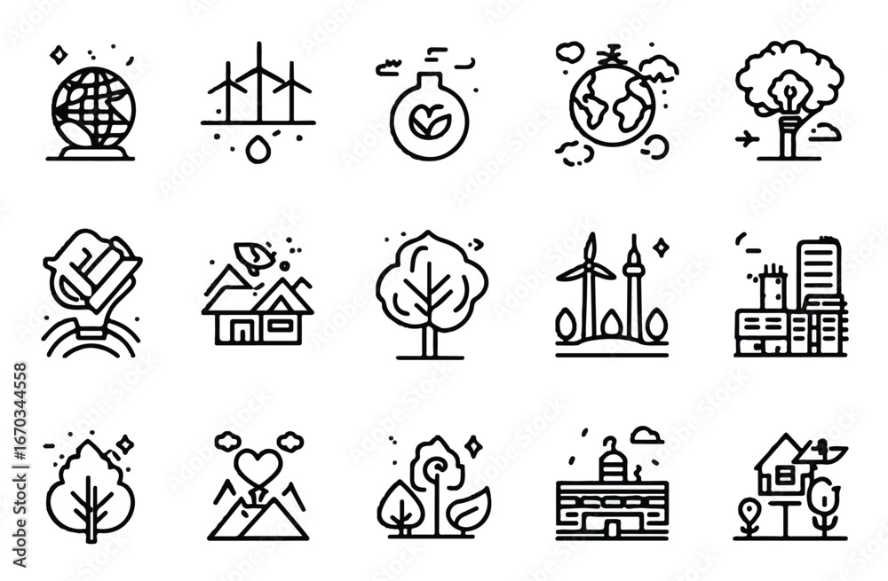 Naklejka premium Clean energy and sustainability vector icon set featuring wind power global conservation eco friendly homes and green technologies