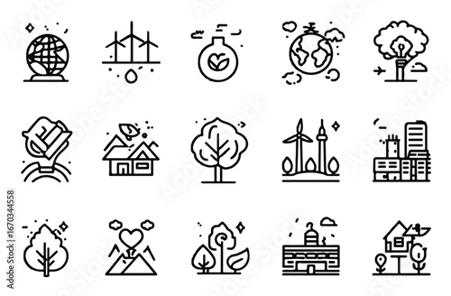 Clean energy and sustainability vector icon set featuring wind power global conservation eco friendly homes and green technologies