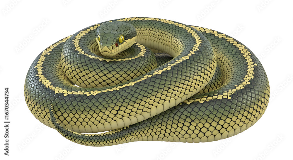 Obraz premium Green and Yellow Snake Coiled on White