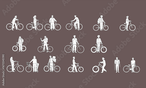 Vector white silhouette illustrations of people with bicycles, standing, walking, casual clothing, urban commuting, cycling lifestyle, modern transportation, healthy activity