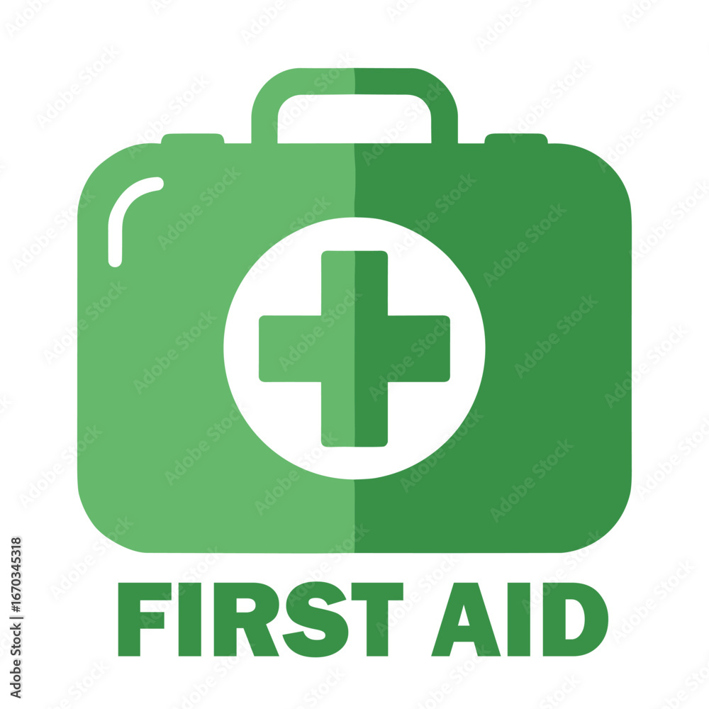 Obraz premium First AID kit with green cross symbol. Medical briefcase with red cross icon symbol. stock illustration