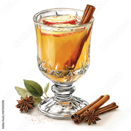 Festive spiced apple cider illustration in elegant glass with cinnamon sticks and star anise autumn beverage