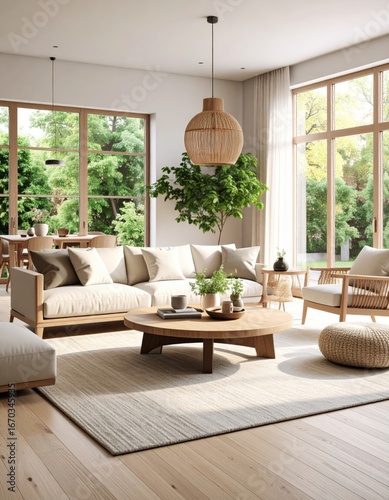 Sunlit Japandi Living Room with Woven Textures and Lush Garden Views.