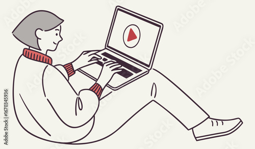 only single Big hand holding laptop with play button on screen. Person watching video on computer flat vector illustration. Internet, multimedia, entertainment concept for banner, website design or la