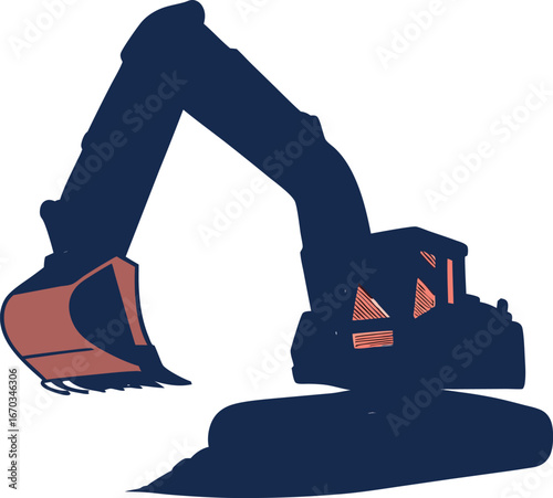 Dark blue excavator with coral bucket and cab details construction heavy