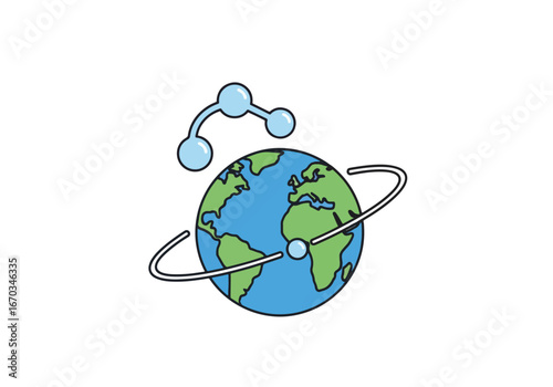 Illustration of Earth with a molecule above and a ring orbiting the planet, symbolizing global science.
