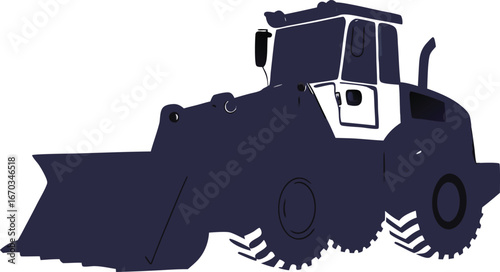 Dark blue front loader bulldozer with white accents on white background heavy machinery