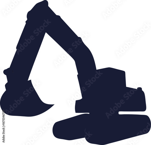 Dark blue silhouette of an excavator with a bucket and boom extended digger construction