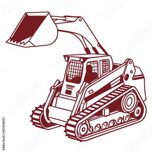 Red skid steer loader with raised bucket and operator silhouette construction vehicle