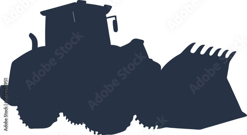 Dark blue silhouette of a front loader construction vehicle heavy