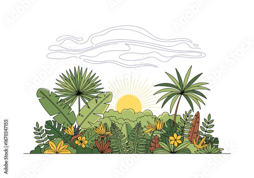 Illustration of a tropical landscape with palm trees, various plants, flowers, and a rising sun behind a hill, under a cloud.