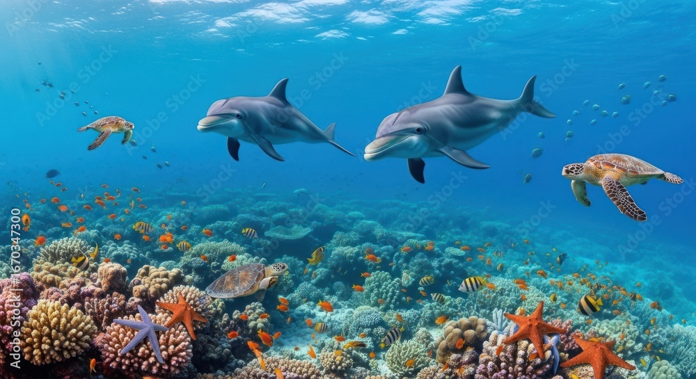 Fototapeta premium Vibrant Coral Reef: Dolphins, Turtles, and Fish in Underwater Paradise