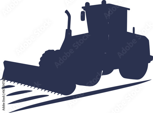 Dark blue silhouette of a snowplow clearing snow from a road vehicle machine