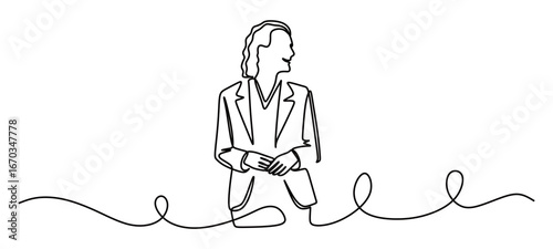 Continuous line art of a woman in a business suit talking to herself while looking to the left. vector illustration
