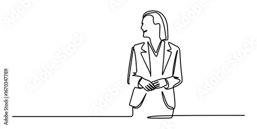 Continuous line art of a woman in a business suit talking to herself while looking to the right. vector illustration