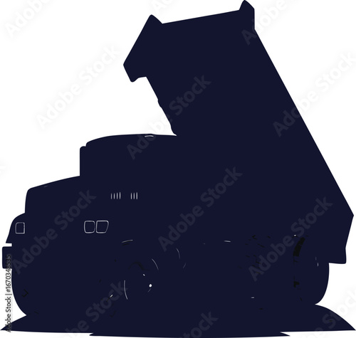 Dark blue silhouette of a dump truck with raised bed vehicle transport