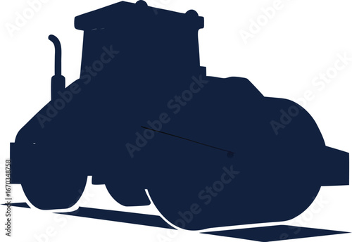 Dark blue silhouette of a road roller on a white background compactor vehicle