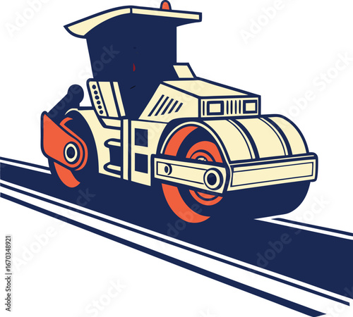 Cartoon steamroller with orange wheels on a blue road construction vehicle
