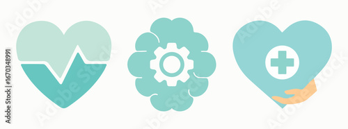 World Mental Health Day, heart, brain, mind, medicine, well-being. Treatment, emotional, medical, therapy, assistance, human, feeling. Set, vector, icon