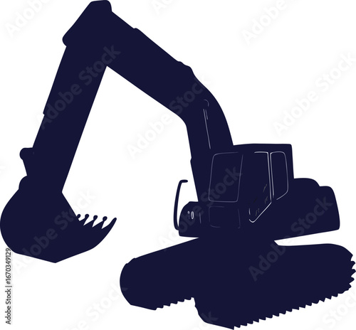 Dark blue excavator silhouette with bucket raised and teeth visible digger construction