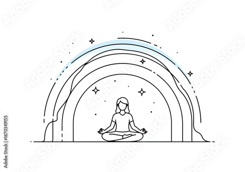 Woman meditating in lotus position under an arch of concentric lines with stars, representing mindfulness and inner peace.