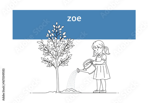 A young girl named Zoe watering a newly planted tree with a watering can, depicted in a simple line drawing.