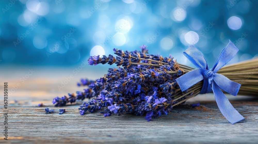 Fototapeta premium Wooden_surface_with_lavender_sprigs_tied