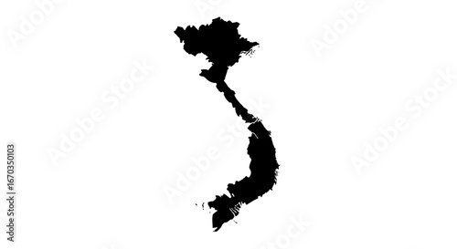 A black silhouette of the country of Vietnam, isolated on a white background.