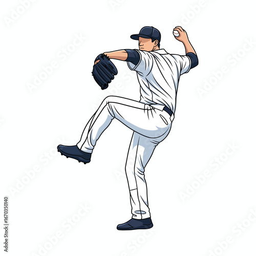 Baseball pitcher in white uniform throwing ball He is wearing a cap glove and cleats