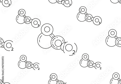 Seamless pattern of ozone and carbon dioxide molecules depicted as interconnected circles with chemical formulas on a white background.