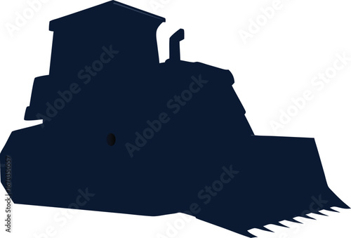 Dark blue silhouette of a bulldozer with a wide blade and cab construction heavy