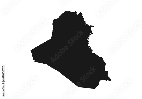 A simple, black silhouette of the country Iraq against a white background.