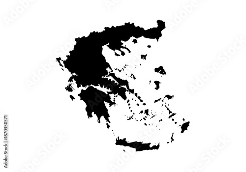 A black silhouette of the country of Greece, with its many islands, against a white background.