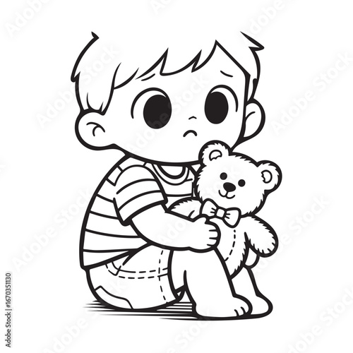  Worried Young Child Hugging Teddy Bear silhouette vector Design. 
