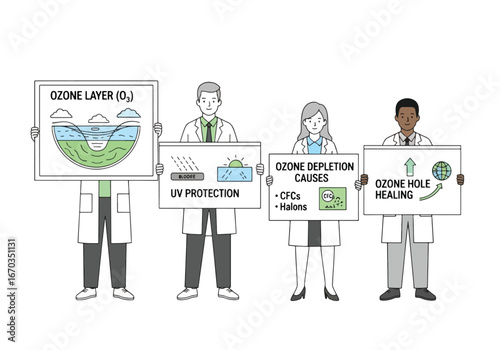 Four scientists in lab coats holding signs illustrating the ozone layer, UV protection, ozone depletion causes, and ozone hole healing.