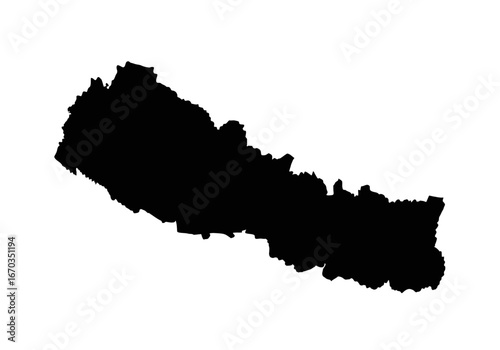 Silhouette of Nepal's geographic country outline, isolated on a white background.