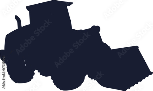 Dark blue silhouette of a front end loader on a white background machine vehicle